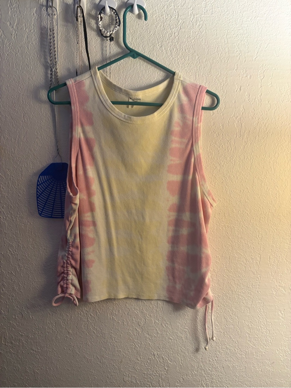 No Boundaries Pink and Yellow Tie-Dye Drawstring Muscle Tank